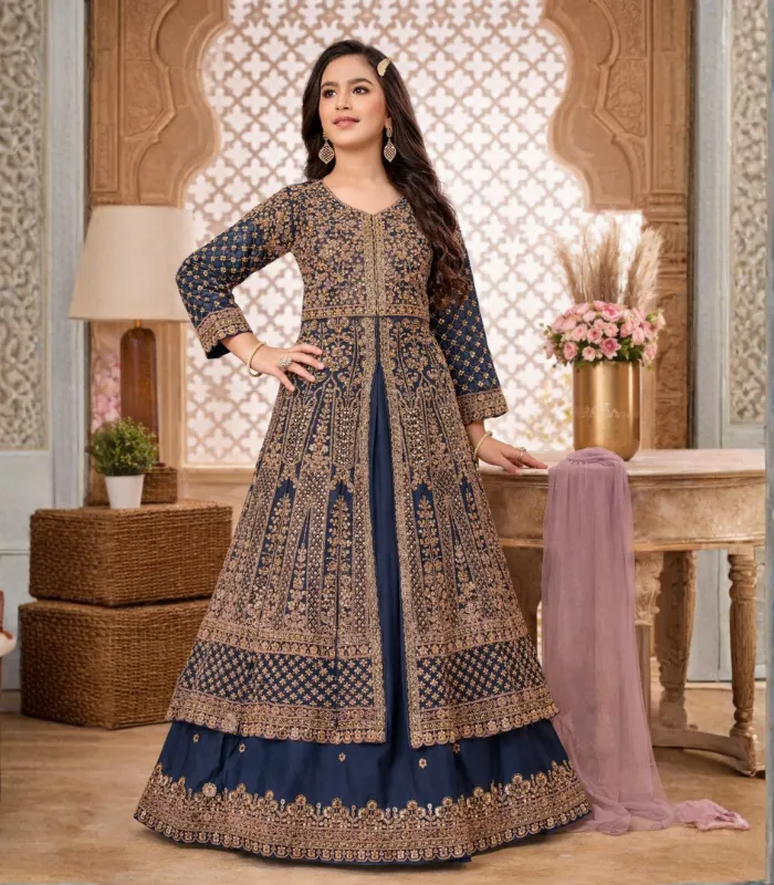 Royal Navy Blue Embroidered Anarkali Gown