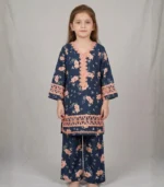 Navy Peach Floral Kids Kurta Set