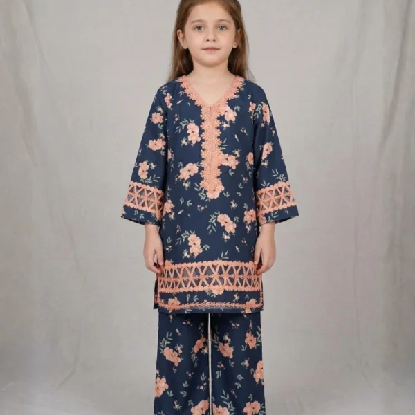 Navy Peach Floral Kids Kurta Set