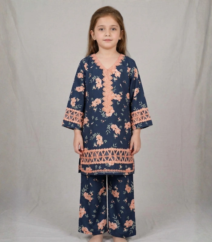 Navy Peach Floral Kids Kurta Set