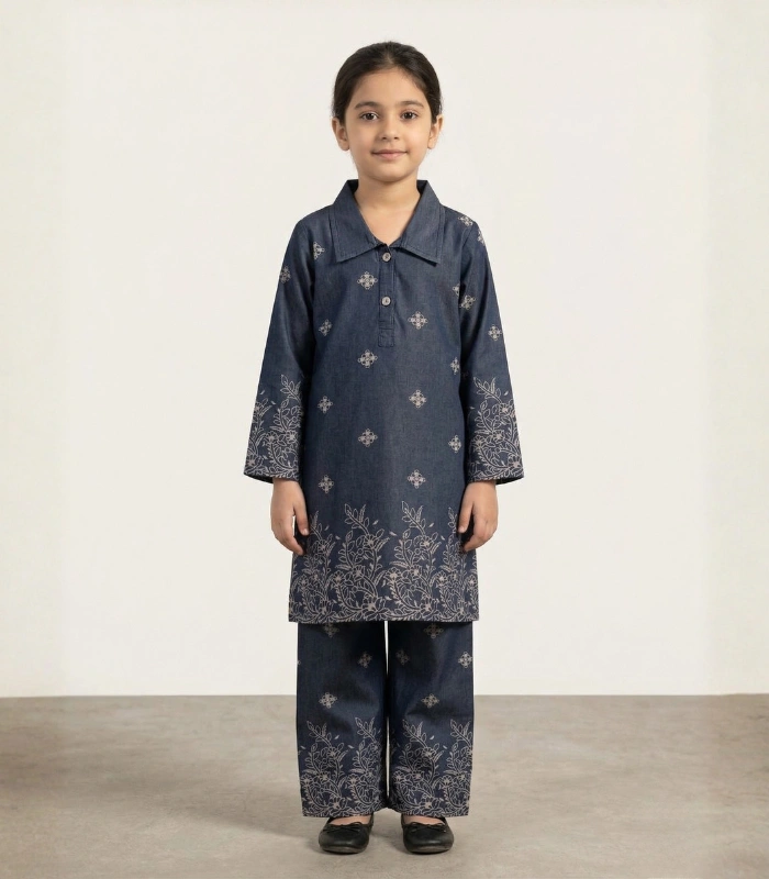 Midnight Blue Floral Kids Kurta Set