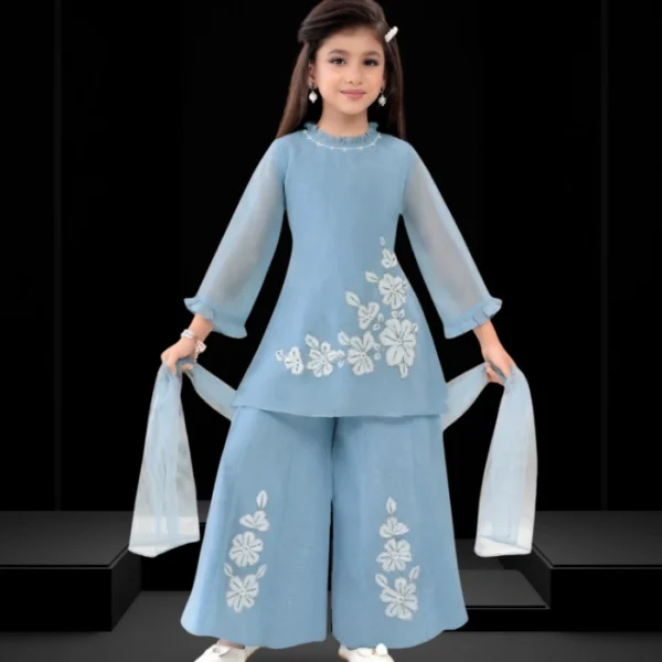 Sky Blue Floral Kids Sharara Set