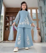 Sky Blue Floral Kids Sharara Set - Image 2