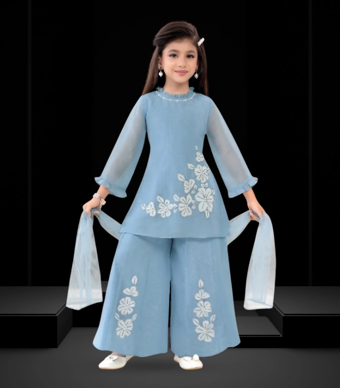 Sky Blue Floral Kids Sharara Set