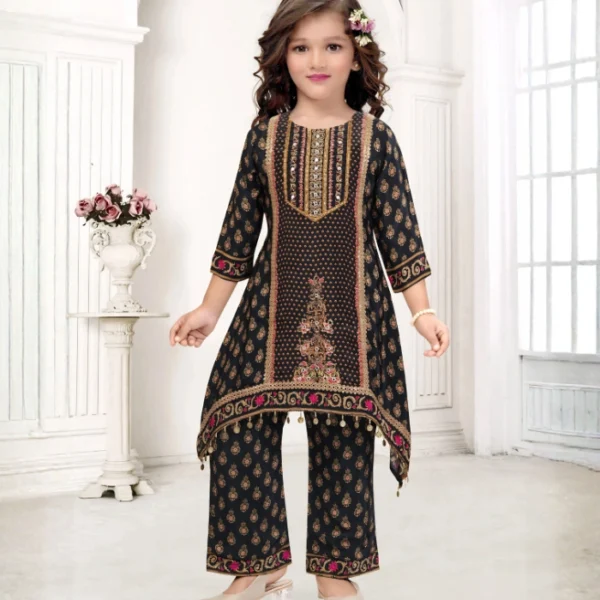 Midnight Black Embroidered Kids Kurta Set