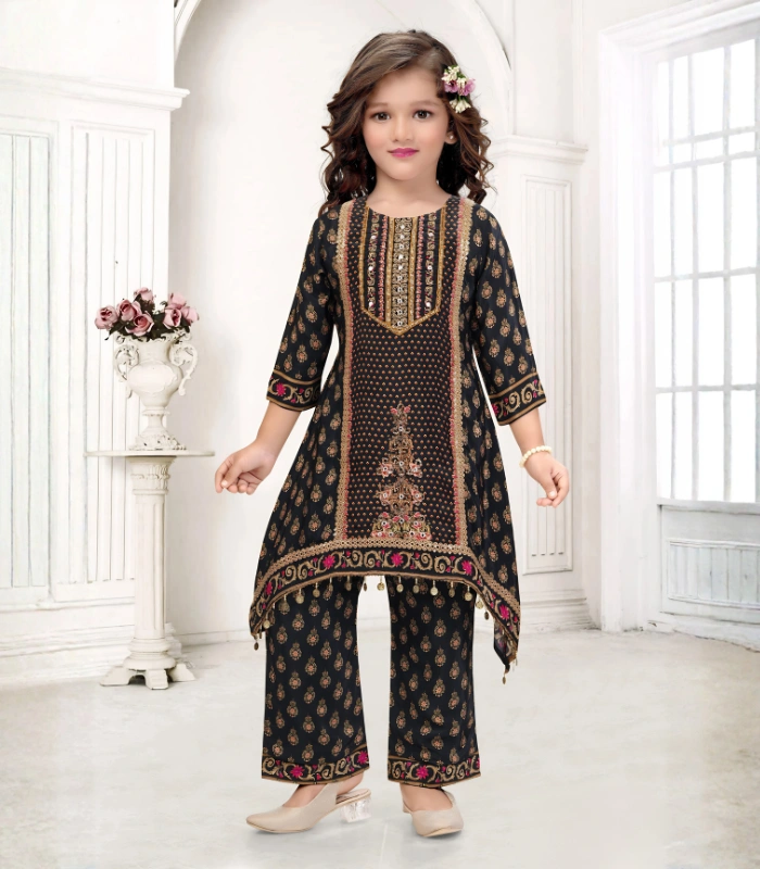 Midnight Black Embroidered Kids Kurta Set