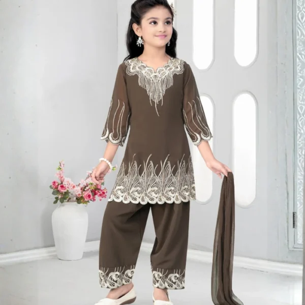 Chocolate Brown Embroidered Kids Kurta Set