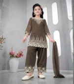 Chocolate Brown Embroidered Kids Kurta Set - Image 3