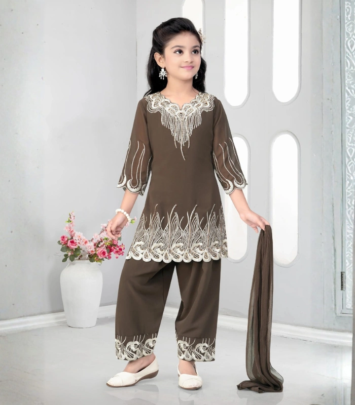 Chocolate Brown Embroidered Kids Kurta Set