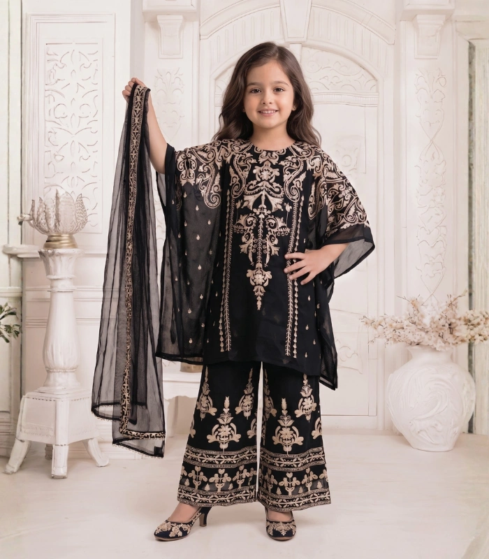 Dress 8 Noir Gold Embroidered Kids Kaftan Set
