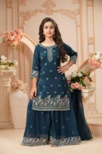 Royal Teal Embroidered Kurta Sharara Set - Image 3