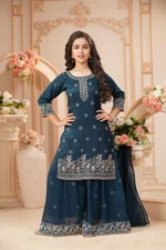 Royal Teal Embroidered Kurta Sharara Set - Image 4
