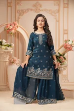 Royal Teal Embroidered Kurta Sharara Set - Image 2