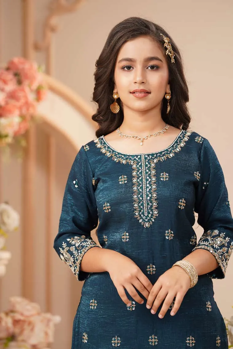 Royal Teal Embroidered Sharara Set