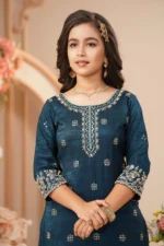 Royal Teal Embroidered Kurta Sharara Set - Image 6