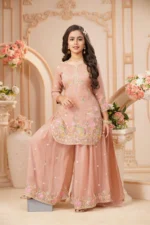 Blush Peach Floral Embroidered Kurta Sharara Set - Image 2