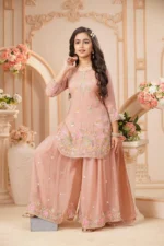 Blush Peach Floral Embroidered Kurta Sharara Set - Image 3