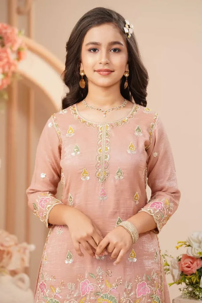Blush Peach Floral Embroidered Kurta Sharara Set