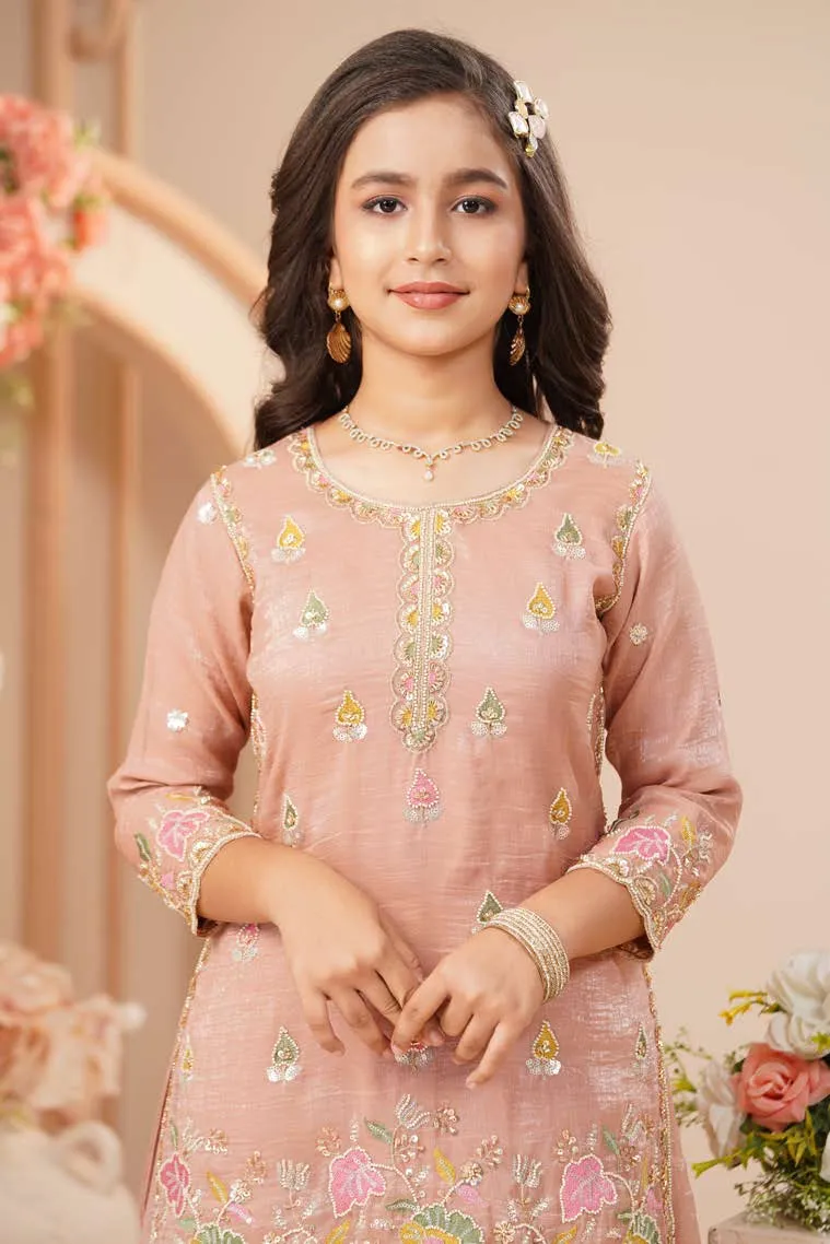 Blush Peach Floral Embroidered Kurta Sharara Set