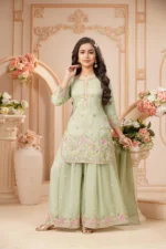 Pastel Mint Floral Embroidered Kurta Sharara Set - Image 2