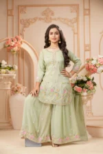 Pastel Mint Floral Embroidered Kurta Sharara Set - Image 3