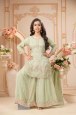 Pastel Mint Floral Embroidered Kurta Sharara Set - Image 5