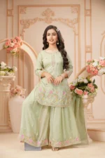 Pastel Mint Floral Embroidered Kurta Sharara Set - Image 4