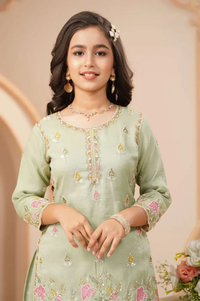 Pastel Mint Floral Embroidered Kurta Sharara Set