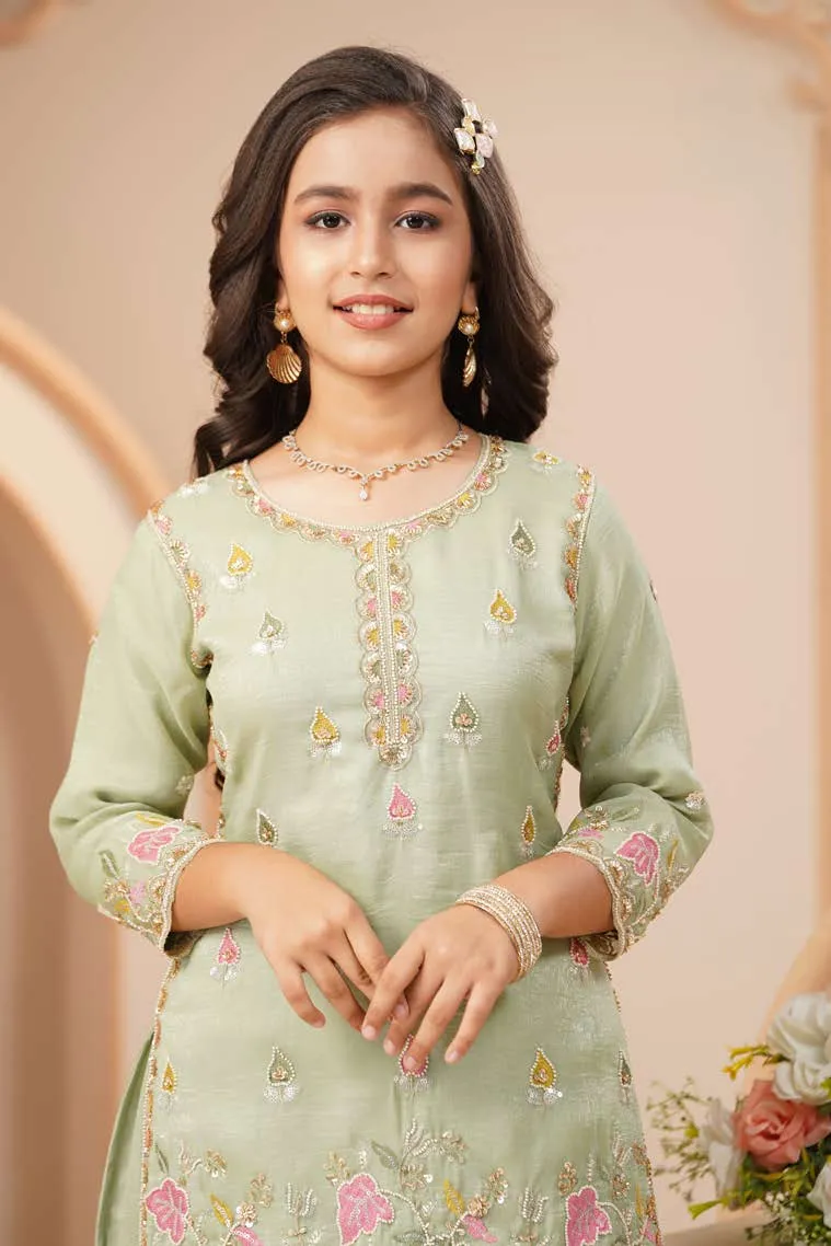 Pastel Mint Floral Embroidered Kurta Sharara Set