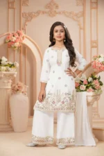 Elegant Ivory Floral Embroidered Kurta Sharara Set - Image 2