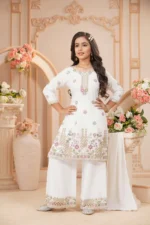 Elegant Ivory Floral Embroidered Kurta Sharara Set - Image 4