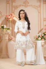 Elegant Ivory Floral Embroidered Kurta Sharara Set - Image 3