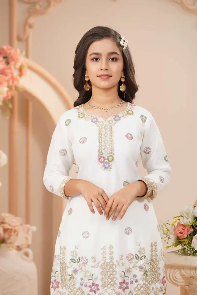 Elegant Ivory Floral Embroidered Kurta Sharara Set