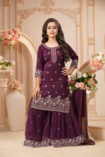 Royal Plum Embroidered Kurta Sharara Set with Dupatta - Image 3