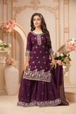 Royal Plum Embroidered Kurta Sharara Set with Dupatta - Image 4