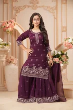 Royal Plum Embroidered Kurta Sharara Set with Dupatta - Image 5